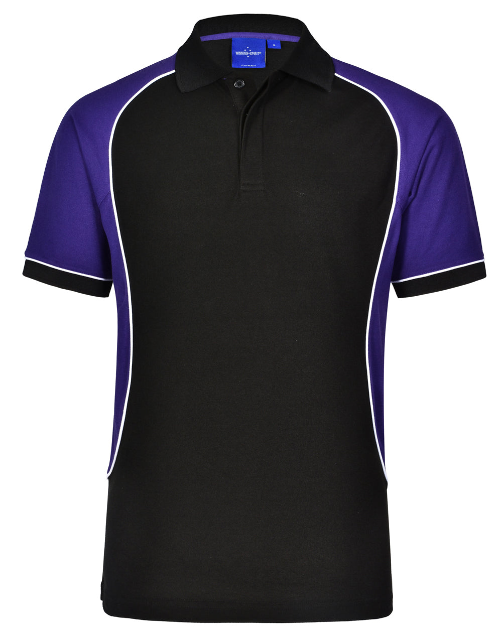 UA-PS77 ARENA MENS POLO BLACK/WHITE/PURPLE
