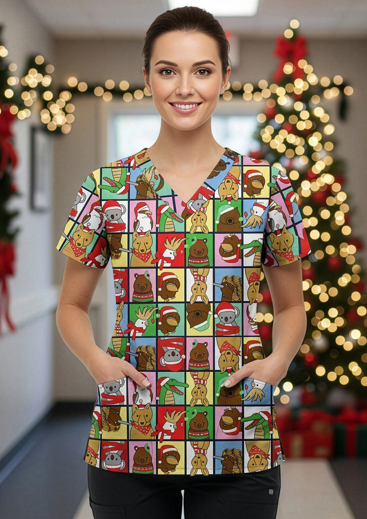 C602W - Womens Christmas Scrub Top